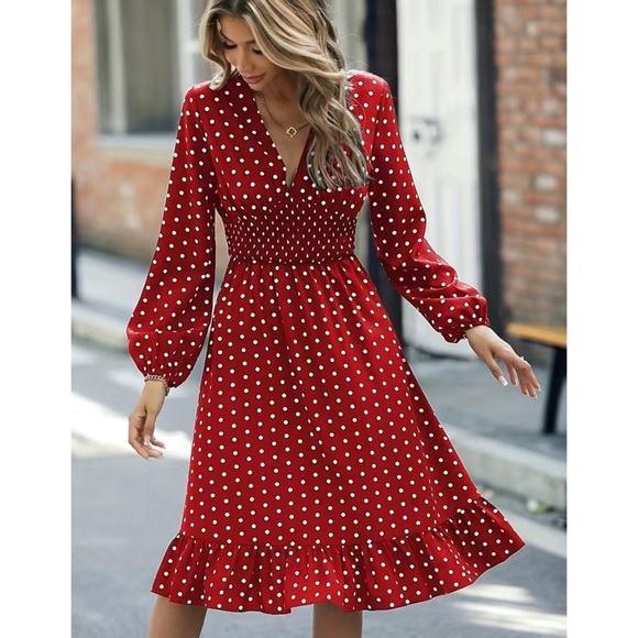 Nwt Retro V Neck Ruffle Long Sleeve Polka Dot Midi Dress Red White M L XL - Picture 1 of 6